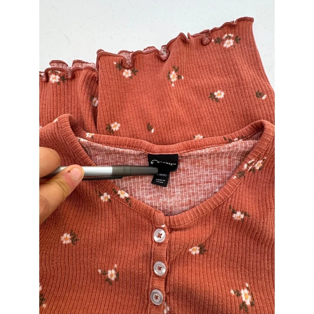 Art Class Girls Rust Orange Floral Ribbed Henley Top Lettuce‎ Trim L 10/12